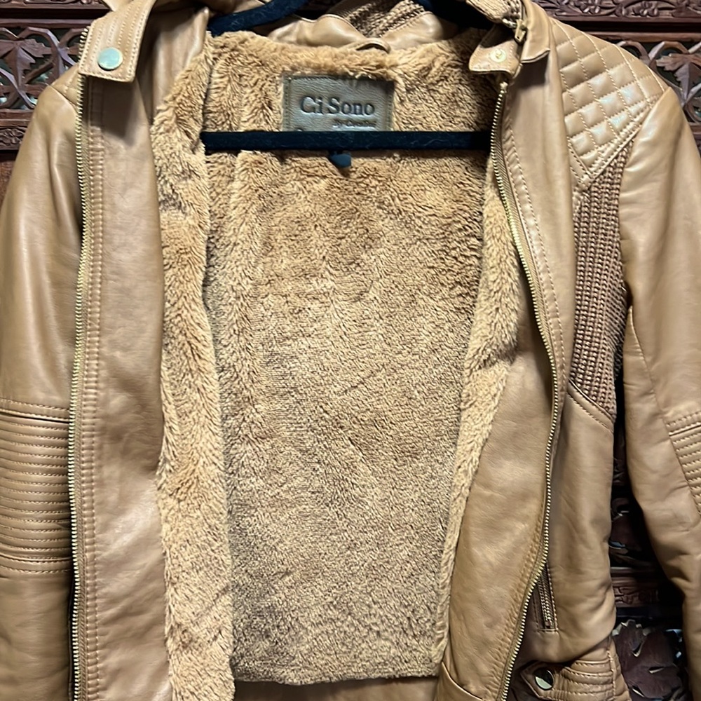 Ci Sono Brown Vegan Leather Hooded Moto Jacket